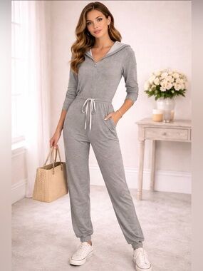 Smash + Tess Heather Light Gray Zip Hooded Jumpsuit